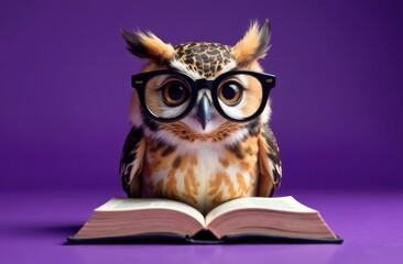 Fototapeta premium Owl wearing glasses sitting on an open book with colorful background