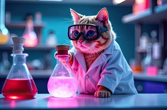 Cat in lab coat experiments with glowing potion in laboratory at night - Powered by Adobe