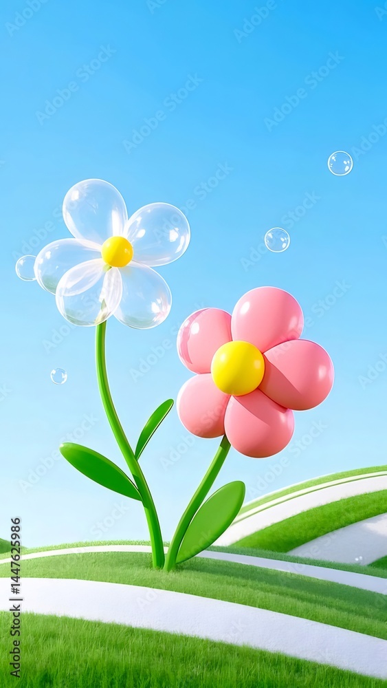 Poster 青空の下 鮮やかなピンクと透明な花のイラスト 芝生の丘と雲の装飾 背景に幸せな夏をイメージ