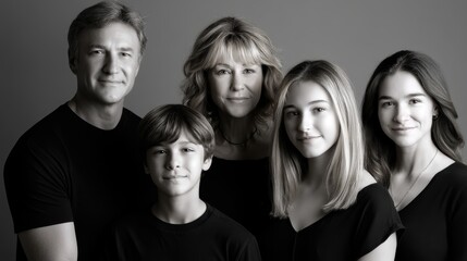 Happy caucasian family portrait with two teens and a child in black and white