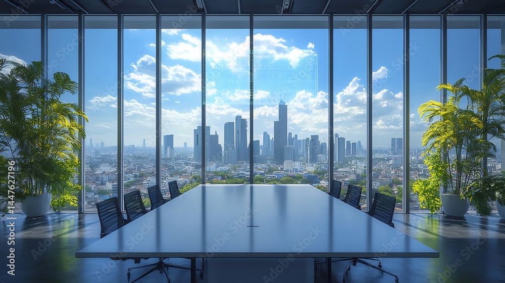 Poster 都会の会議室の大きな窓からの眺め 明るい空と都市景観の背景 植物とテーブルが前景にあるモダンなオフィスインテリア