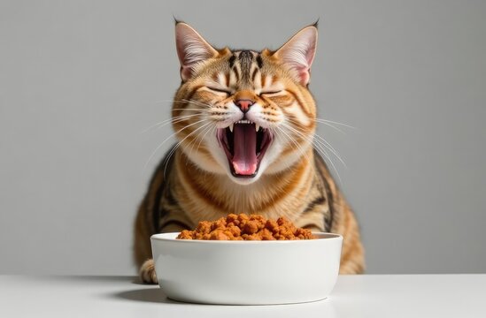 Cat joyfully yawning while enjoying a meal of dry cat food in a bright, indoor setting
