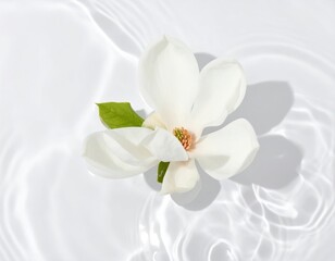 Fototapeta premium White magnolia floating on rippling water surface with green leaf