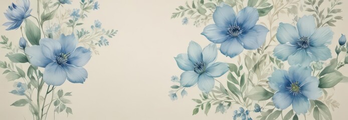 Fototapeta premium Subtle blue and green watercolor flowers on a creamy backdrop, delicate pattern , petals, pattern, spring