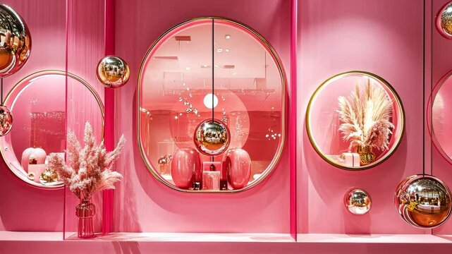 Vibrant boutique window display with reflections and stylish decor elements