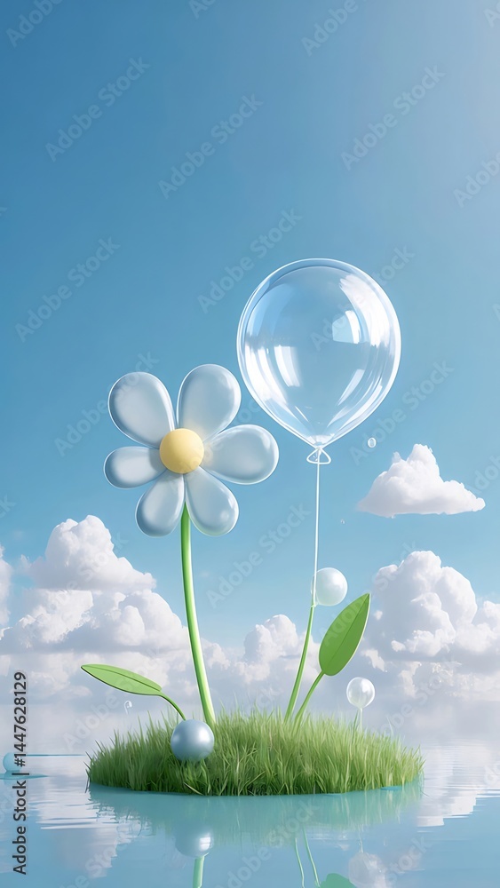 Poster 青空と雲を背景に浮かぶ花と風船の幻想的な風景 水面のリフレクション 爽やかな夏のイメージ