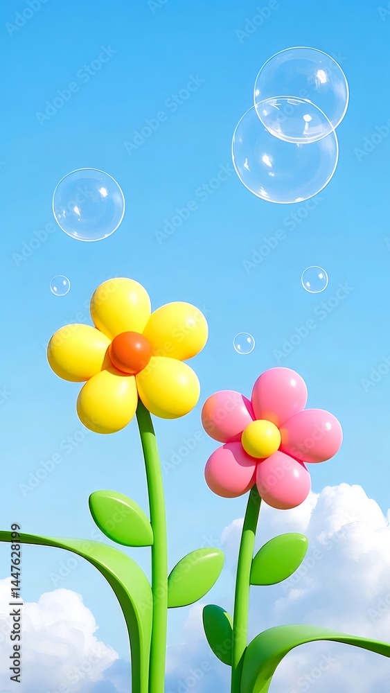 Poster ピンクと黄色の花と泡が浮かぶ青空の背景 自然の明るい植物のカラフルなアートワーク
