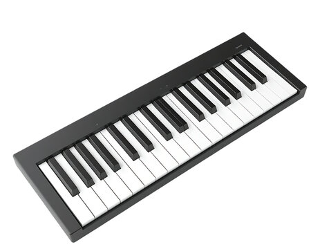 Close-up of a sleek, black piano keyboard with white and black keys