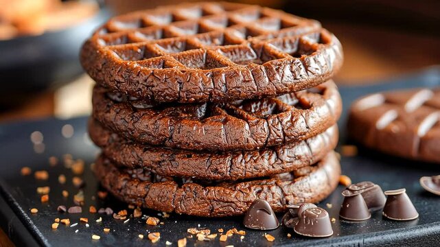 A stack of four rich chocolate waffles topped with chocolate chips, presented on a dark surface