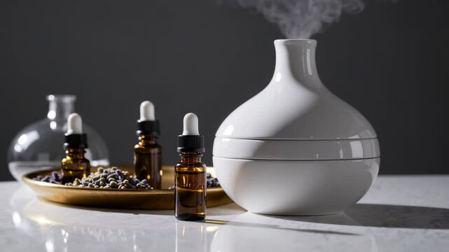 Flat lay combining Ayurvedic and modern wellness items including essential oils glass bottles ceramic diffuser and herbal trays on stone surface in soft light