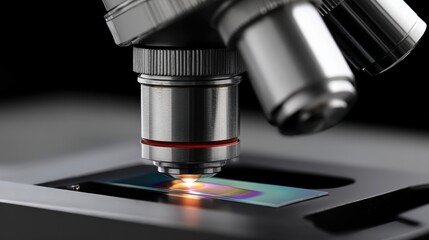 A microscope's objective lens is shown in extreme close-up, revealing its intricate and precise construction - science shot tool photography