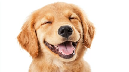 Adorable Golden Retriever Puppy with Closed Eyes and Open Mouth, Smiling Joyfully Against White Background