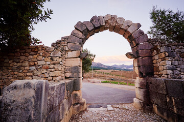 Ancient stone archway with a cobblestone path leading to a rural landscape.