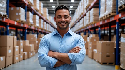 Confident supervisor smiling in busy warehouse setting