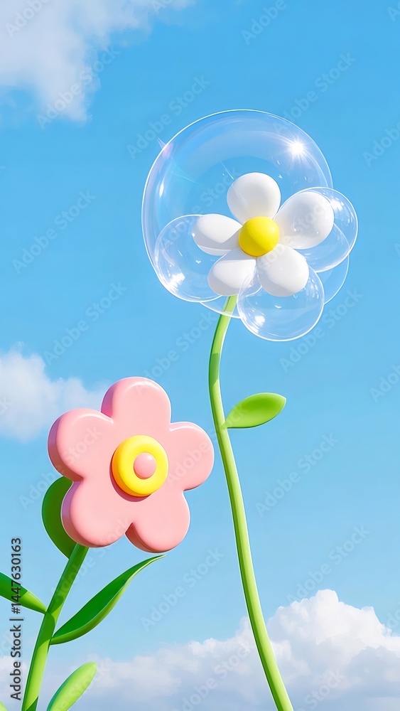Poster 晴れた青空の下の可愛らしいピンクと白の花 鮮やかな緑色の茎と葉 透明な泡の装飾 夏のガーデンテーマ