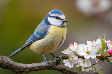 Blue Tit Bird Perched on Branch with White Blossoms