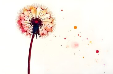 Red and yellow watercolor silhouette of a fluffy dandelion on a white background