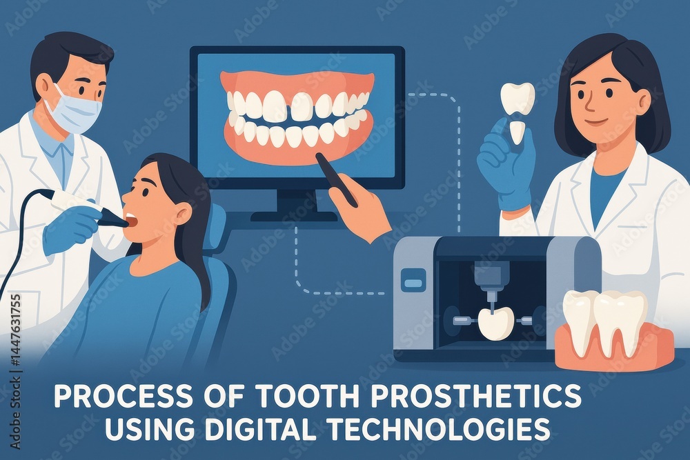 Poster process of creating tooth prosthetics utilizing digital technologies in a dental clinic setting