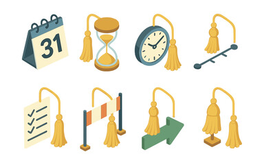 Time management icons set – calendar, hourglass, clock, tassel, checklist, barrier, arrow
