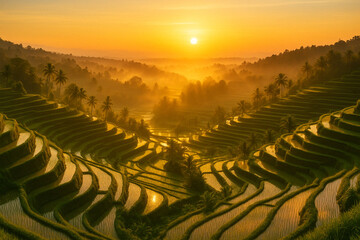 Naklejka premium Golden Reflections: The Beauty of Terraced Fields at Dawn