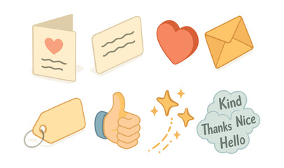 Kind wishes icons set – card, heart, envelope, tag, thumbs up, stars, words
