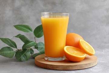 Fototapeta premium Orange Juice Glass with Orange Slice on Wooden Board