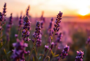 Obraz premium Soft focus lavender sunset, blooming violet fragrant flowers in summer field Copy space, sunset, sunset landscape