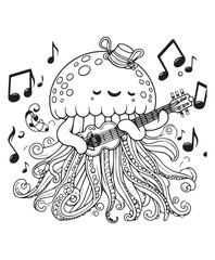 Coloring book jellyfish playing a guitar with musical notes around it
