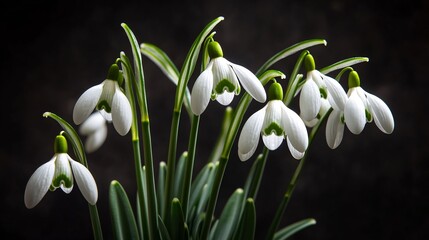 Ethereal Silver White Snowdrops Glowing Against a Dark Background