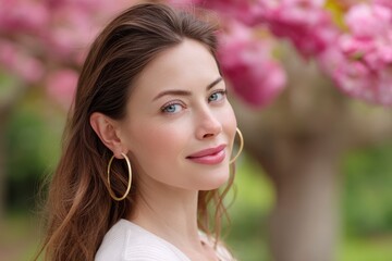 Naklejka premium Woman with Hoop Earrings Posing Near Pink Blossoms