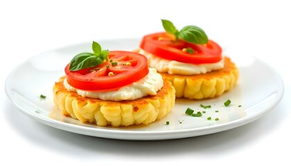 Rice cakes with cream cheese, tomato and mozzarella. isolated on white background