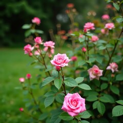 Elegant pink rose bush, slender stems, solitary blossoms, garden setting, garden scene, rose bush garden, delicate blooms