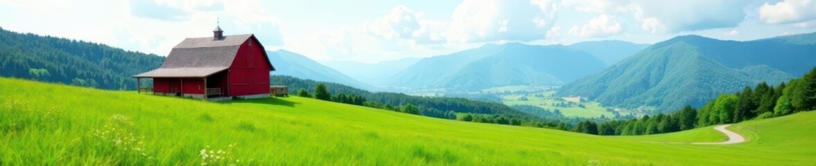 Fototapeta premium Lone barn, green meadow, distant mountains, winding road, idyllic, high-resolution, amazing