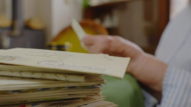 Elderly Mum muses over stack of old family mail letters in cosy home