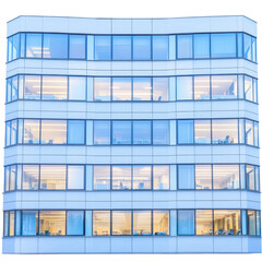 Fototapeta premium Corporate Facade: An alluring modern building facade, showcasing contemporary design with glass windows reflecting the cool ambient light and architectural details.