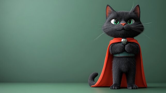 Superhero Black Cat: A 3D Render of a Cute Feline in a Red Cape