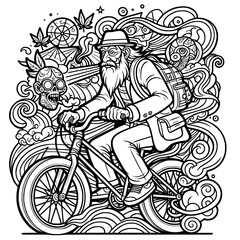 Naklejka premium Vintage Cyclist Illustration with Psychedelic Elements