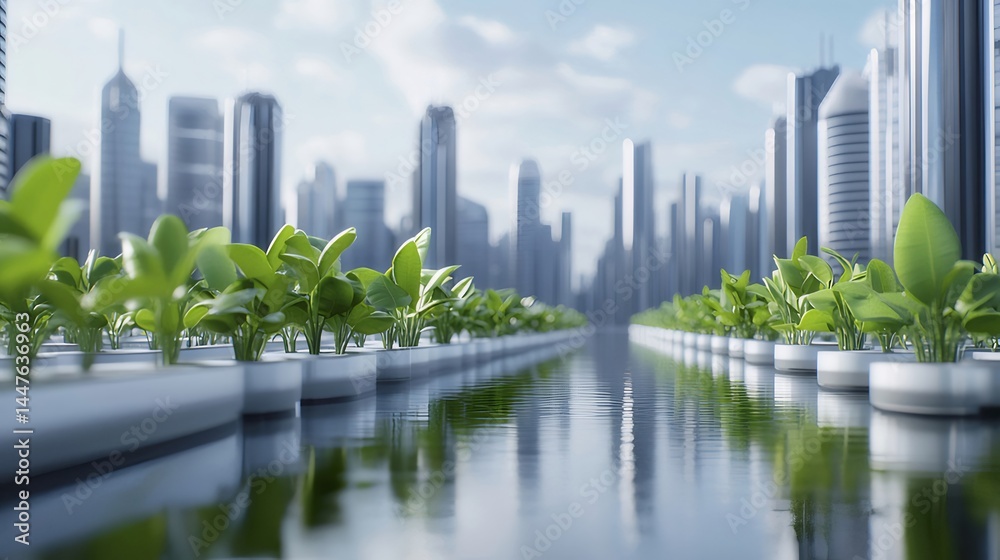 Aufkleber 未来都市の緑豊かな植物栽培と水面の美しい光景 緑色の葉と都会的な背景の調和