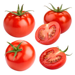 Fototapeta premium tomato slice, tomatoes with leaves isolated on white or transparent png