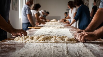 A group of people diligently work together kneading and rolling dough, creating an atmosphere of festive food-making.