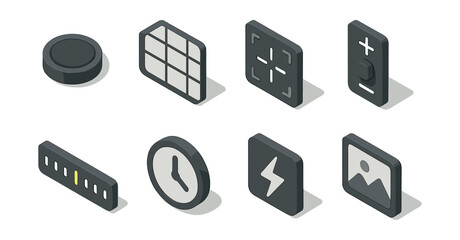 Camera interface icons set – grid, focus, exposure, timer, clock, flash, gallery