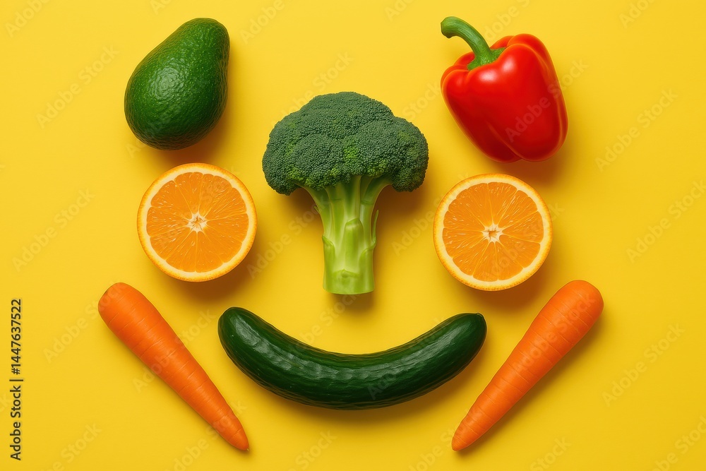 Poster colorful arrangement of fresh vegetables and fruits creating a happy face on a yellow background in 