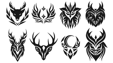 Collection of tribal deer and wolf head symbols in bold black ink.  
Mythical animal silhouettes in modern tribal tattoo design layout.
