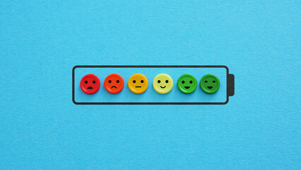 Battery level and charging. Happiness, vitality and mental wellbeing. Low battery indicator as...