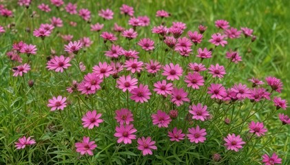 Fototapeta premium Cluster of pink wildflowers blooming in green grass, background, bloom