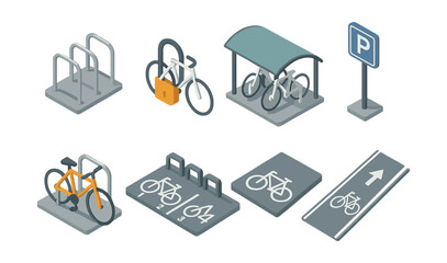 Isometric bicycle parking icons set – racks, locked, shelter, sign, path, lane