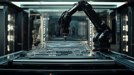 Futuristic robotic arm working on transparent circuit board in a clean room setting
