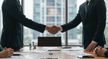 Business Handshake at Conference Table with City View