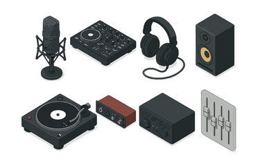 Isometric audio gear icons set – microphone, mixer, headphones, speaker, turntable, interface, amplifier, equalizer