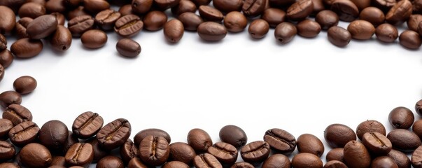 Dark roasted coffee beans form a border on pure white background , still life, food, design